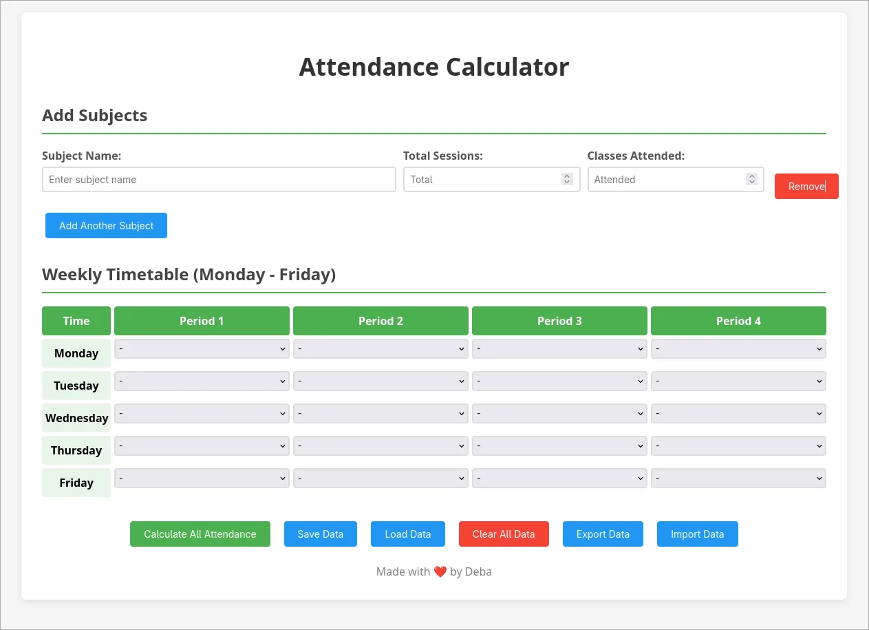 Screenshot of Attendance Calculator web application interface