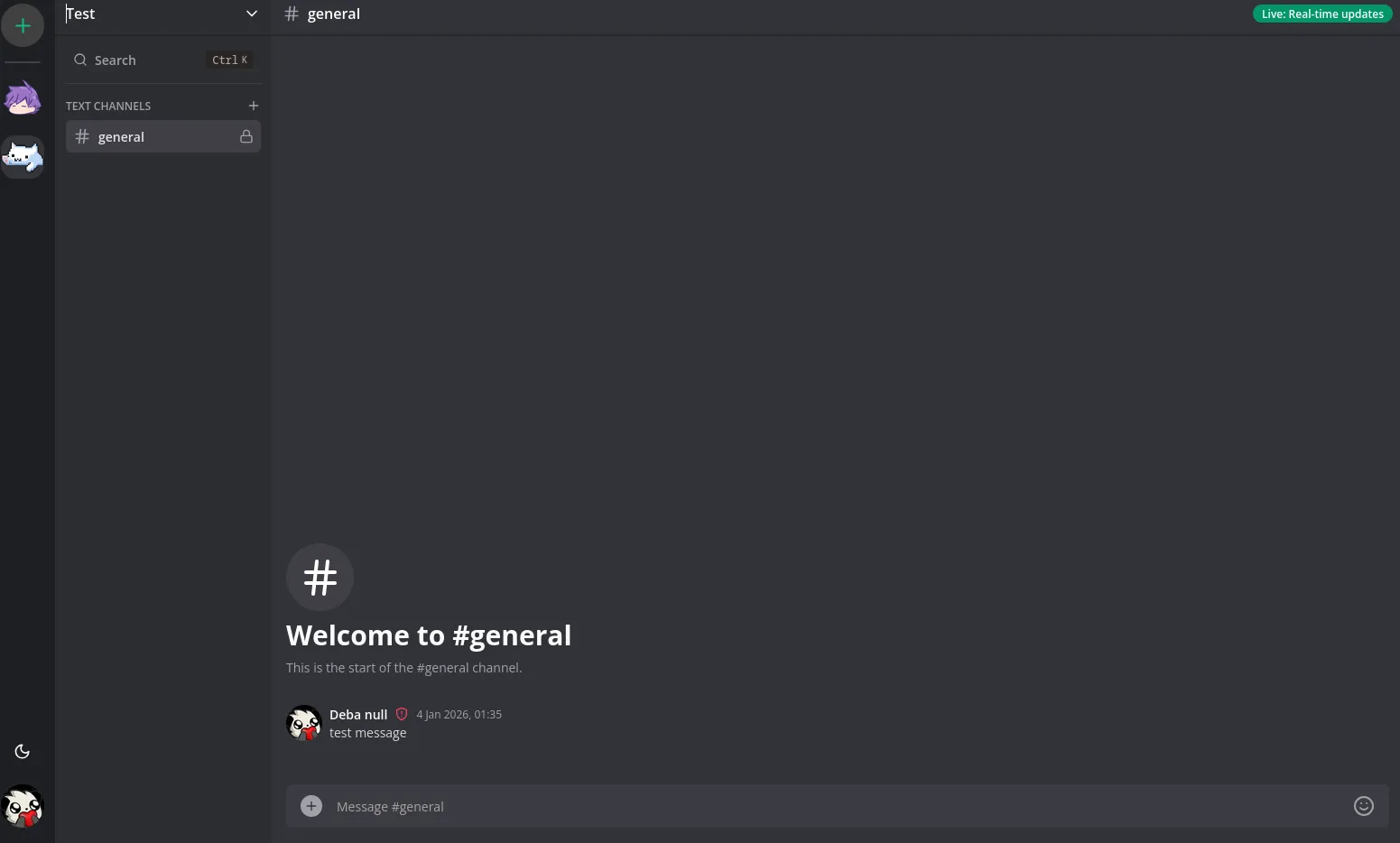 Screenshot of the Discord Clone web application interface showcasing servers and chat