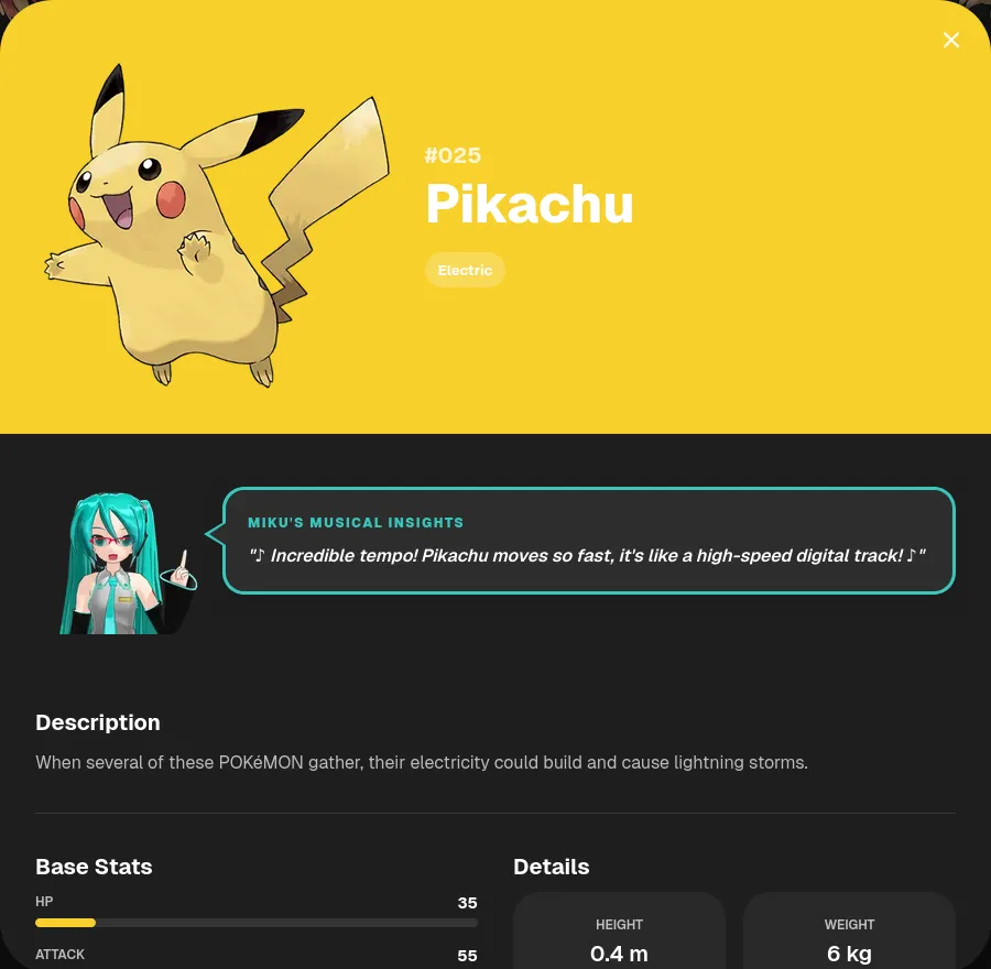 Screenshot of the Miku Musical Insights speech bubble in the detail modal
