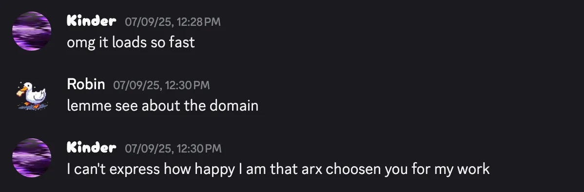 Client commenting on ultra-fast production loading times after domain setup