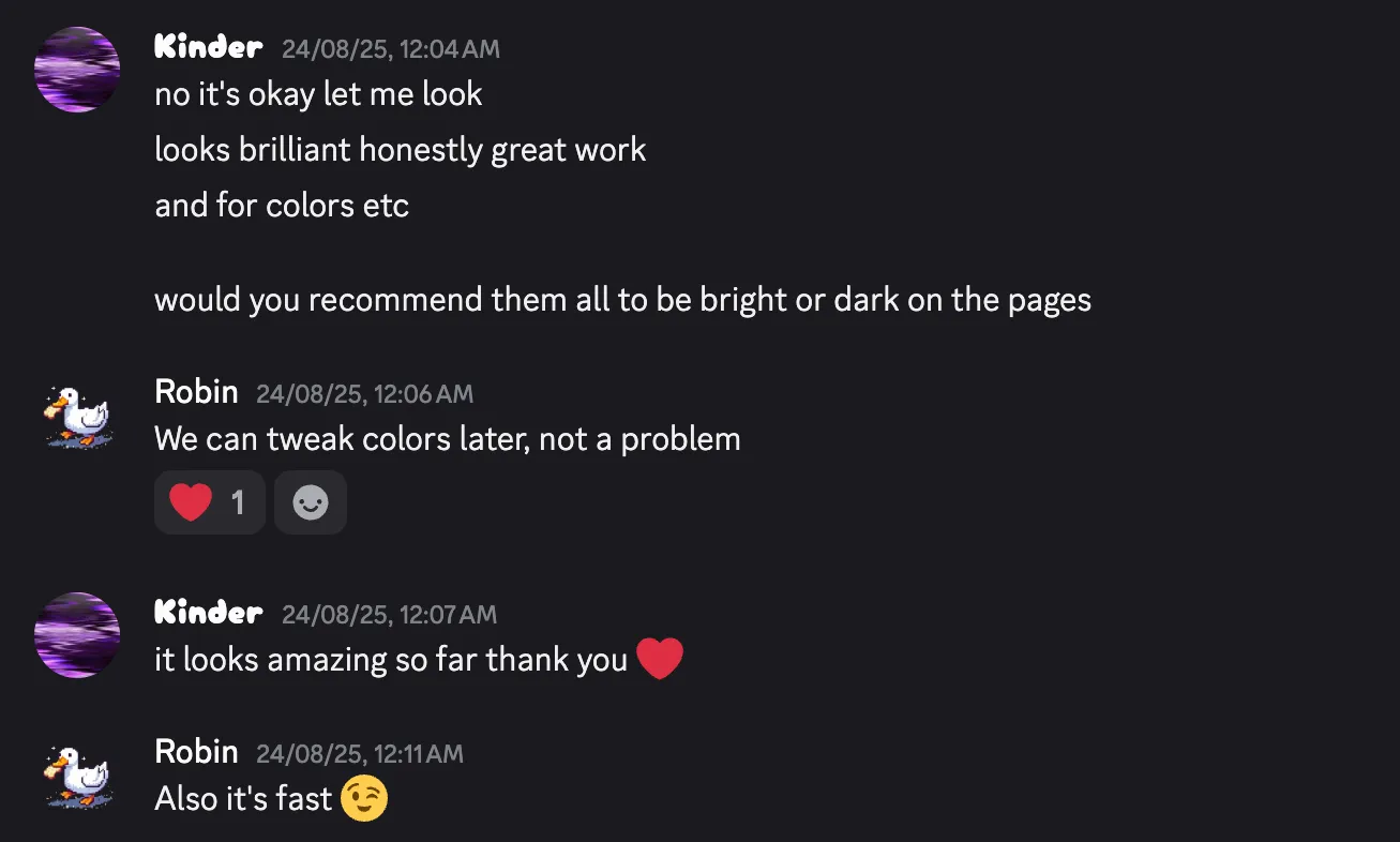 Initial client reaction praising the interface design and fast response time